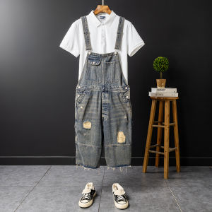 Retro Washed Denim Overalls Men Summer Cuffed Straight Leg Loose Five-Quarter Shorts Trendy Youthful Flatweave Casual Pants