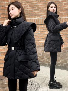Black Slimming Doll Collar Jacket New Autumn Womens Fashion Design Sensation Medium Length Cotton Coat Meat Covering