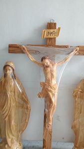 Bộ 3 tượng công giáo Đức Mẹ Ban Ơn Thánh Giuse 50cm thánh giá Chúa chịu nạn 70cm - thánh giá gỗ sồi cc vân gỗ 3D composite