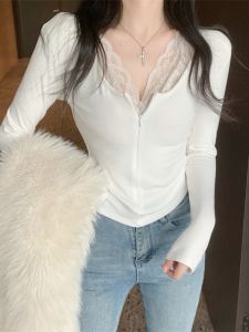 GUZILIAN | Autumn Winter Lace Zipper T-Shirt Womens Slim Fit Base Shirt Short Long Sleeve Casual Style Commute Fashion Thickened Top