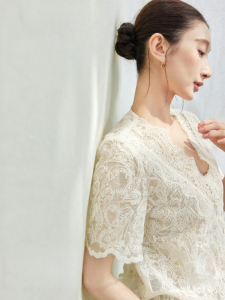 SUSHE | Floral Lace Sequins Puff Sleeves Summer Blouse