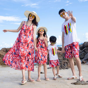 Trang Phục Gia Đình Đi Biển Váy Liền Cỡ Lớn Nghỉ Mát Đi Biển Một Nhà Ba Người Trang Phục Mẹ Con Gái Váy Hai Dây Váy Dài Voan Bé Gái