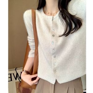 Korean Style Soft Lazy Sky Blue Knitted Sweater Coat round Neck Design Unique Female Outerwear Early Spring Commute Fashion