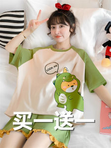 2023 New Pure Cotton Summer Sleepwear Womens Sweet Style Thin Short Sleeve Home Clothes Set Large Size Comfortable Home Fashion