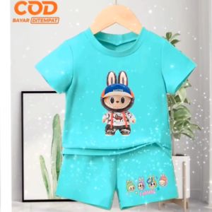 Setelan Anak Kaos dan Celana usia 1-10 tahun bergambar Labubu Monsters bahan Babyterry Kekinian