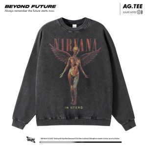 เสื้อฮู้ดสตรีทสไตล์อเมริกัน Nirvana เสื้อสเวตเตอร์คอตตอนหลวมๆ สำหรับผู้ชาย ฤดูใบไม้ร่วง 2024 แขนยาว สไตล์ย้อนยุค