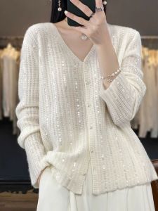 Fashionable Heavy Beading V-neck Loose Pearl Buttoned Sweater
