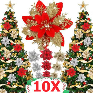 10/5Pcs Multi Styles Christmas Poinsettia Fake Flowers / Glitter Artificial Silk Flowers Christmas Tree Hanging Ornaments / Home Indoor Wreath Garland Decorations Accessories