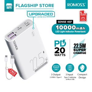Romoss 10000 mAh Powebank Two-way 30W/22.5W Fast Charging Power bank Type C+2*USB Outputs 3 Inputs Power Bank