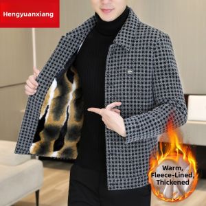 HENGYUANXIANG | Hengyuanxiang Mens Fleece Lined Casual Thickened Coat Autumn Winter Plaid Style Fashionable Urban Loose Fit Single Button