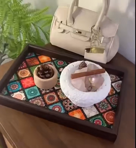 Aesthetic Wood Organizer Tray Serving Bohemian Pattern Vintage Tray Decor Dulang Kayu Organizer for Perfume Key Decor