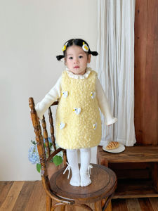 Cute Thickened Lamb Velvet Vest Dress for Girls Winter Baby Clothing Warm Cozy Pure Color round Neckline Two Pieces Set