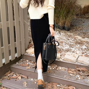 Velvet Skirt Black Sheath Long Dress for Women Mid-Length Autumn and Winter High Waist Slit Retro Slimming and Velvet Padded Straight Skirt