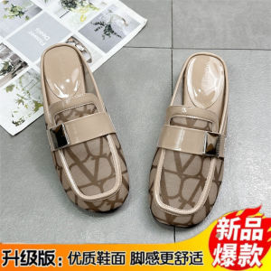 Leather Summer New Style Versatile round Head Backless Breathable Low Heel Mesh Semi Slippers for Women Korean Style Butterfly Knot