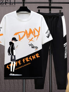 เสื้อยืดแขนสั้นผู้ชาย ชุดสองชิ้น ทรงหลวม สไตล์ลำลอง สำหรับฤดูร้อน ผ้าฝ้ายผสมโพลีเอสเตอร์ แฟชั่นเยาวชน