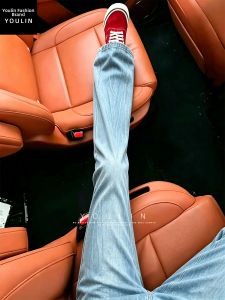 YOULIN | Light Blue Lightning Pattern Jeans American High Street Lightweight Summer Cleanfit Pants