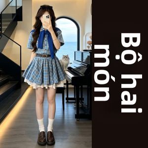 SUSIEYUAN | Đầm Ngắn Kiểu Học Sinh Màu Xanh Vichy