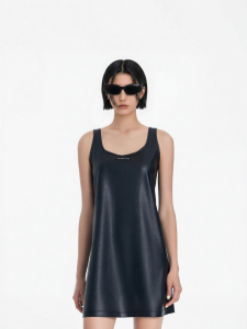 CALLED BACK | Black Sleeveless Square Neck Leather A-line Dress