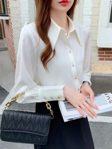 Womens Professional Business Casual White Shirt with French Collar Long Sleeves Soft Satin Fabric for Interviews and Office Work