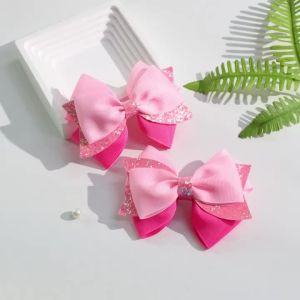 2pcs Sparkling Pink Glitter Bow Hair Clips For Girls Cute Ribbon Bow Hairpins Ideal For Gifts & Casual Attire Hair Accessories