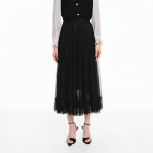 Koradior | Black Lace and Mesh Patchwork Midi Skirt