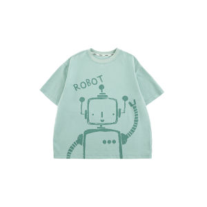 Odotails Boys Short Sleeve T-Shirt Pure Cotton Childrens Summer Top Robot Print Kids Clothing Breathable round Neck Tee