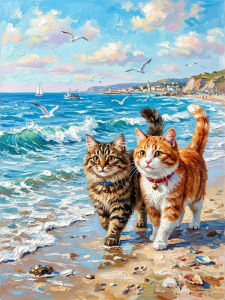 Huacan Full Diamond Painting Two Cats On Seaside Beach Diamond Mosaic Animal Landscape Complete Kit Home Decoration