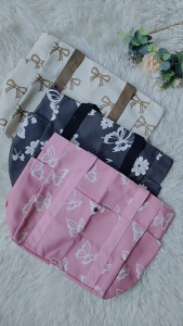 Multi-Pocket Canvas Shoulder Bag Cute Bow Butterfly Design Trendy Versatile Office Casual Tote Bag for Women