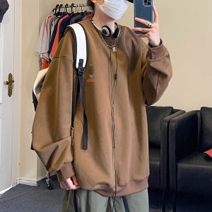 เสื้อสเวตเตอร์คอกลมแขนยาวทรงหลวมสำหรับผู้ชาย สีแดงเข้ม น้ำหนักเบา ฤดูใบไม้ผลิและฤดูใบไม้ร่วง เสื้อเชิ้ตชั้นใน เสื้อผ้าผู้ชาย