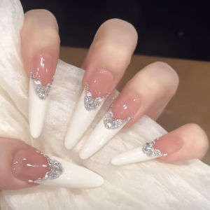 10Pcs Pure White French Press on Nails Long Almond Head False Nails with Rhinestones Design Ballet Wearable Fake Nails