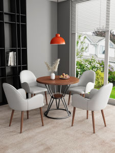Office Break Room Small round Table Meeting Table Chair Combination Coffee Shop Walnut Colored Tea House Genuine Leather Chairs