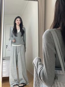 Fall 2025 New Color Block Knitted Sweater Womens Small Size Light Maturity Style Slimming Pants Two Piece Set Casual Style