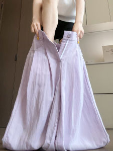 Purple Linen Wide Leg Pants Womens Autumn New Lazy Loose Straight Cotton Linen Trousers Commute Style High Waist Button Closure