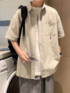 Casual Ice Silk Thin Cotton Linen Short Sleeve Shirt Jacket for Men Summer Anti-Wrinkle Top Loose Fit Polyester Fiber Teenagers