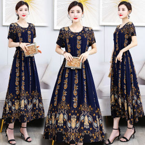 New 2025 High-End Cotton Silk Dress Summer Young Mom Beachy Sweet Long Skirt Loose Waist Print Ethnic Style A-Line Gown