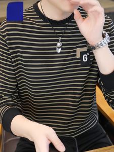 ROMON | Lormen Mens Striped Fleece Lined Long Sleeve Round Neck Sweatshirt Spring Autumn Fashionable Youth Warm Base Layer Shirt T-shirt