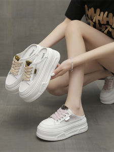 Casual Leather Slip-On Half Slippers Womens Summer New Thick Bottom Heightening Padded Head Outdoor Wear Mesh White Shoes