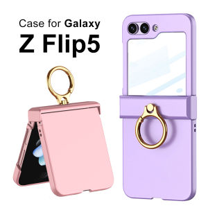 Ultra Slim Z Flip 5 6 7FE Anti-Drop Case Hinge Cover Ring Holder Kickstand Samsung Galaxy Z Flip5 Flip6 Casing All-Round Protection Durable Hard PC Phone Case with Tempered Glass