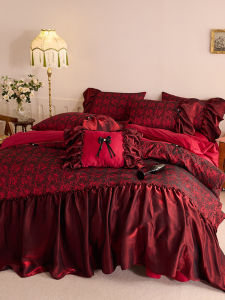 Cotton Jacquard Rose Retro Wedding Four-Piece Long-Staple Cotton Satin Quilt Cover Wine Red Princess Style French Bedding