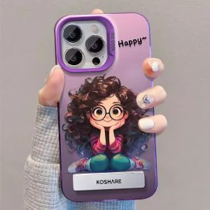 New Hardshell  17 Case Cute Cartoon Girl with Curling Hair Attractive Silver Color Frosted Protective Cover for Women