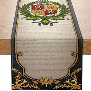 1 Piece of Nobleman Emblem-Themed Table Runner with a Black and Beige Base Decorated with Gold Patterns and Emblems Suitable for Nobleman-Themed Parties Vintage Banquets and High-End Social Events