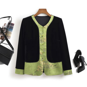 Velvet Open Cardigan Womens Midlife Mommy Style Gold Velvet V-Neck Spring Autumn New Chinese National Style Fake Two-Piece