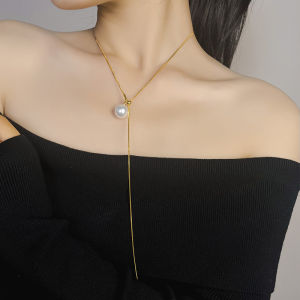 Elegant Long Sweater Chain Simplistic Accessory Imitation Pearl Japanese and South Korean Style for Women Titanium Steel Material
