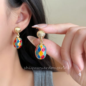 Pain-Free Colorful Drip Glaze Oval Ear Studs Women No Piercing Elegant High-End Ancient Ethnic Style Mosquito Coil Tray