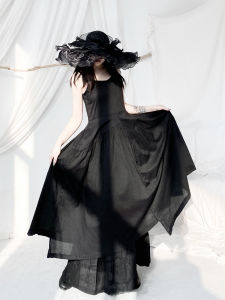 ชุดเดรสยาวไม่สมมาตรหลายชั้นฤดูร้อน ชุดเดรสสายเดี่ยว สไตล์วันพีซ สไตล์เกาหลี เดรสยาวปานกลาง เอวสูง ทรงหลวม