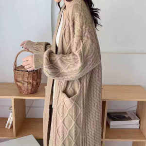 Long Sweater Coat Womens 2024 Early Autumn New Arrival Cable-Knit Sweater Cardigan Long Lazy Thick Knitting Cardigan Coat