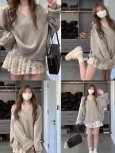 เสื้อสเวตเตอร์ถักคอวีสีเทาสวมหัวสำหรับผู้หญิง ฤดูใบไม้ร่วง/ฤดูหนาว ทรงหลวม แขนยาว ปกติ คอวี ปกติ เสื้อสเวตเตอร์ถัก