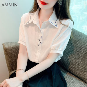 Ammin Áo cotton ngắn tay thêu hình hình học thanh lịch thời trang phong cách Hàn Quốc áo phông thêu Retro Văn Học mới cho nữ mùa hè