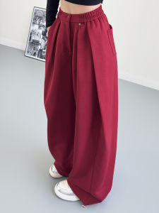 High Waist Red Casual Pants Drapey Floor-Length Slimming Wide Leg Sweatpants Spring New Style plus Size Womens Fashion