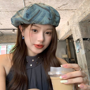 Washed Denim Beret Hat Women Fashionable Versatile Painter Cap Small Face Eight Corner Hat Color Block Stripe Retro Vintage